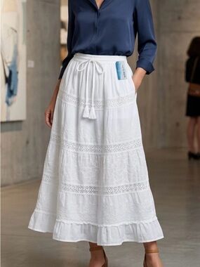 New Cotton Boho White Waves Tiered Eyelet Skirt white S/M L/XL XXL